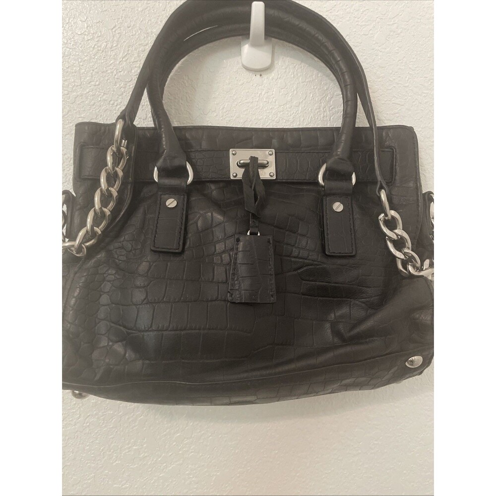 MK Michael Kors Hamilton Black Croc Embossed Leather Satchel Tote Shoulder Bag